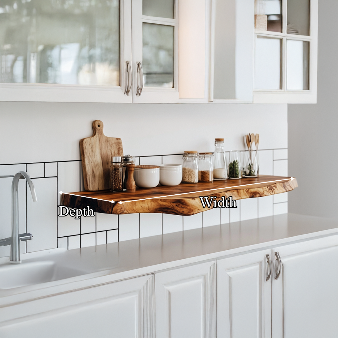 Natural Solid Wood Floating Shelf, Wall Mounted Rustic Kitchen Spice Rack & Decorative Open Shelving Tableware Display