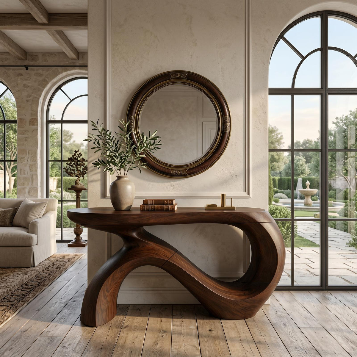Modern Curved Console Table, Solid Wood Entryway Accent Sofa Table for Living Room