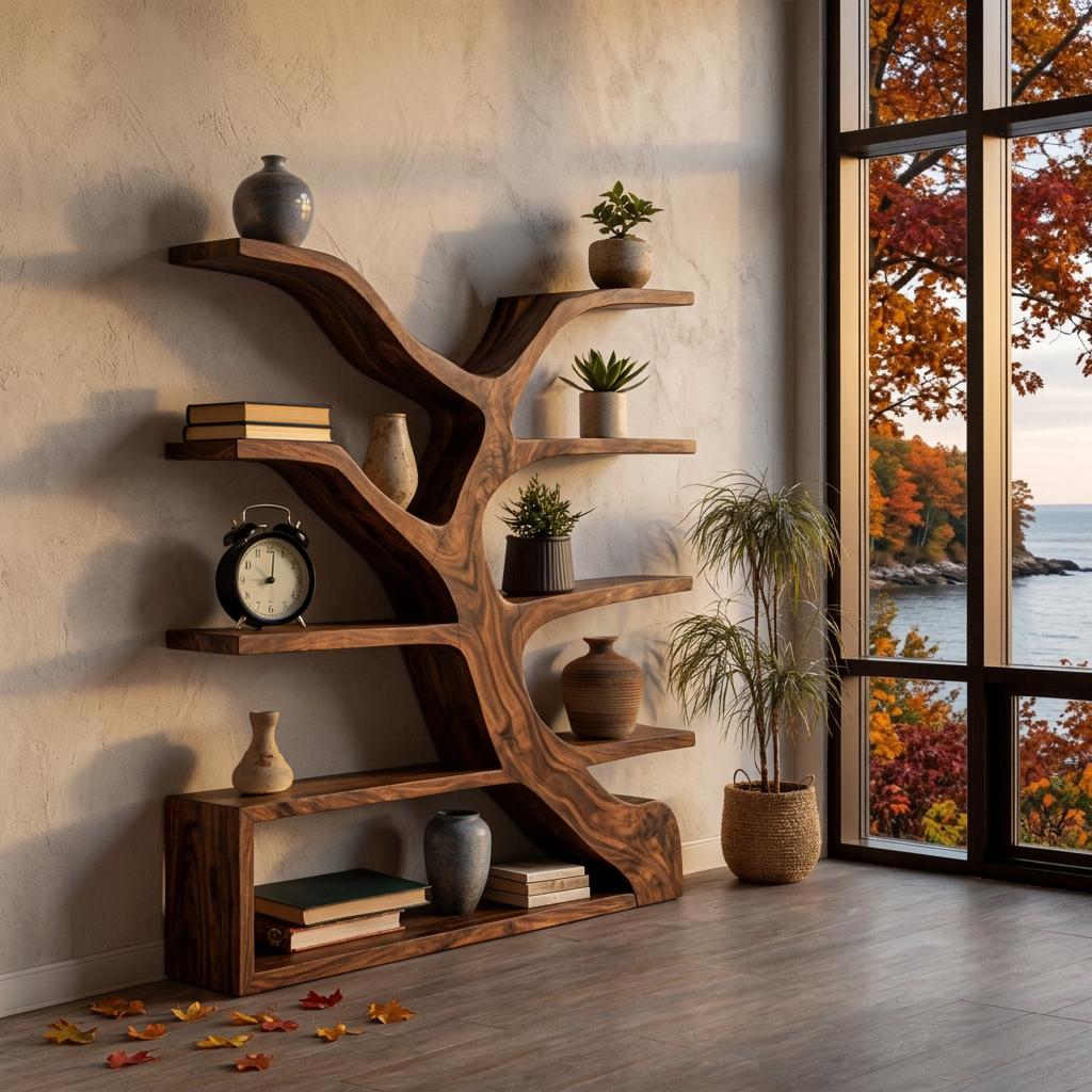 Organic Wooden Bookshelf with Branch Form, Handcrafted Solid Wood Bookcase for Living Room & Office Display