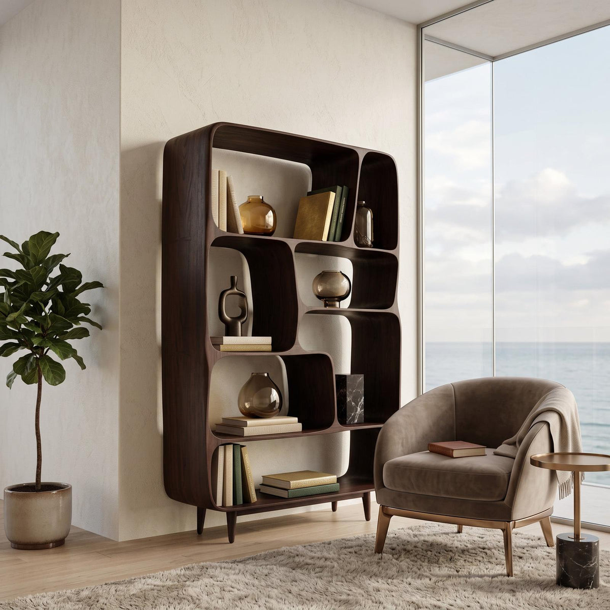 Mid-Century Wood Bookshelf, Handcrafted Solid Wood Bookcase with Open Shelves for Modern Living Room & Office