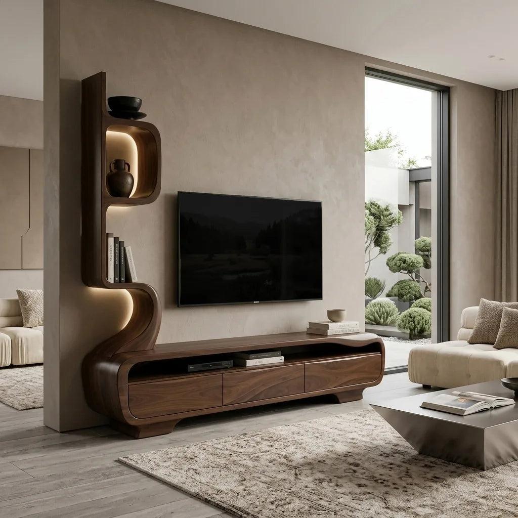 Organic Sculptural TV Console With Display Shelves For Living Room
