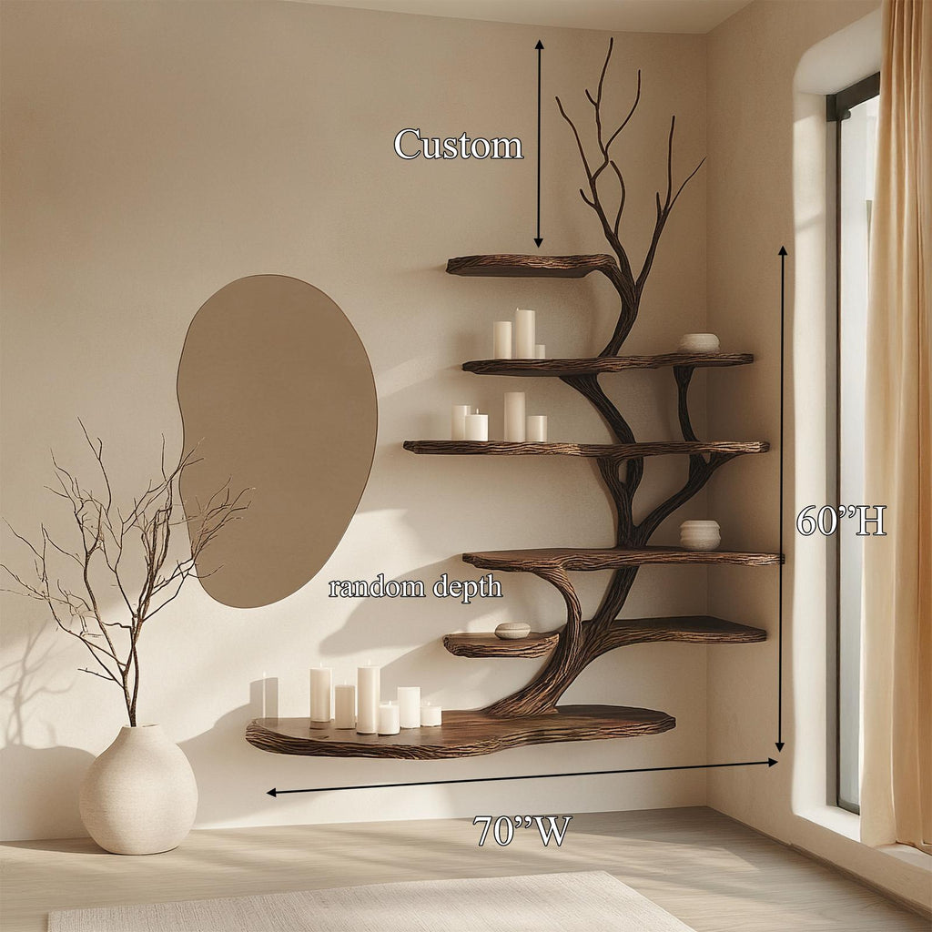 Organic Modern Artistic Wood Wall Display Shelf, Handcrafted Floating Bookcase for Bedroom Reading Room Decor