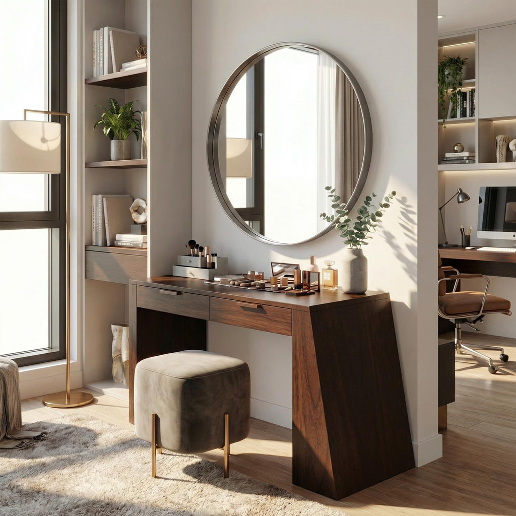 Spry Interior Industrial Makeup Vanity Desk with Mirror & Drawers, Handcrafted Wooden Dressing Table & Home Office Writing Desk, SILDTTRMV026
