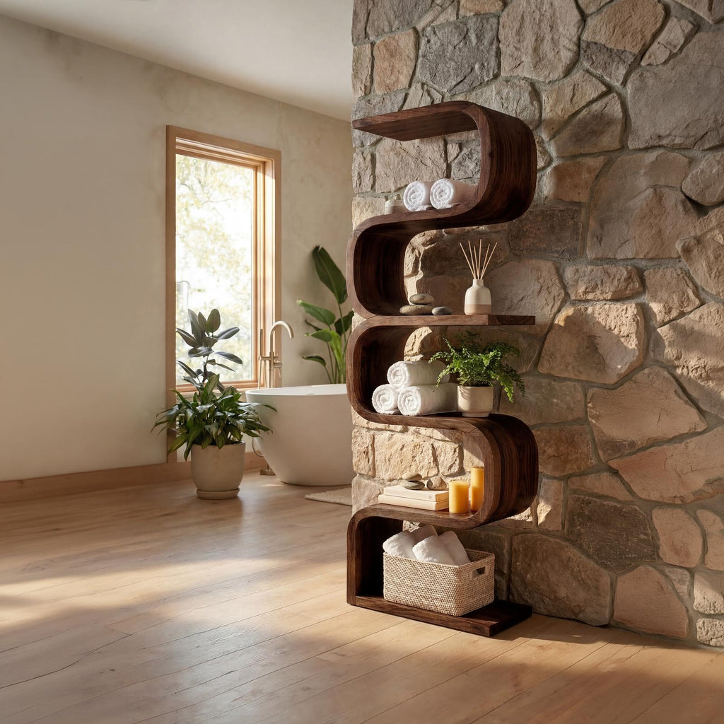 Rustic Farmhouse Wavy Bookshelf, Unique Wooden Bookcase Storage Shelf for Living Room & Bedroom