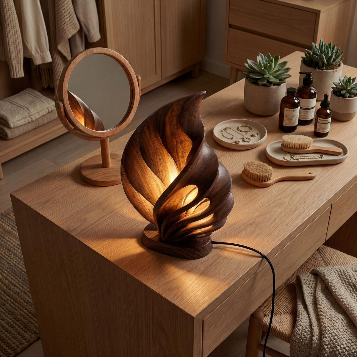 Mid-Century Table Lamp, Vintage Wooden Nightstand Bedside Light for Bedroom & Living Room