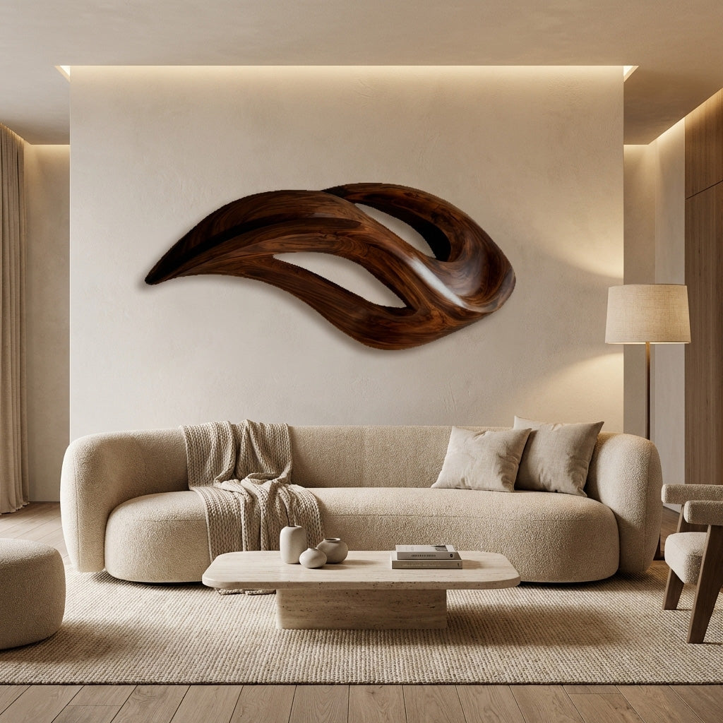 Contemporary Wood Wall Art, Unique Hand-Carved Abstract 3D Wave Wood Sculpture Panel for Living Room