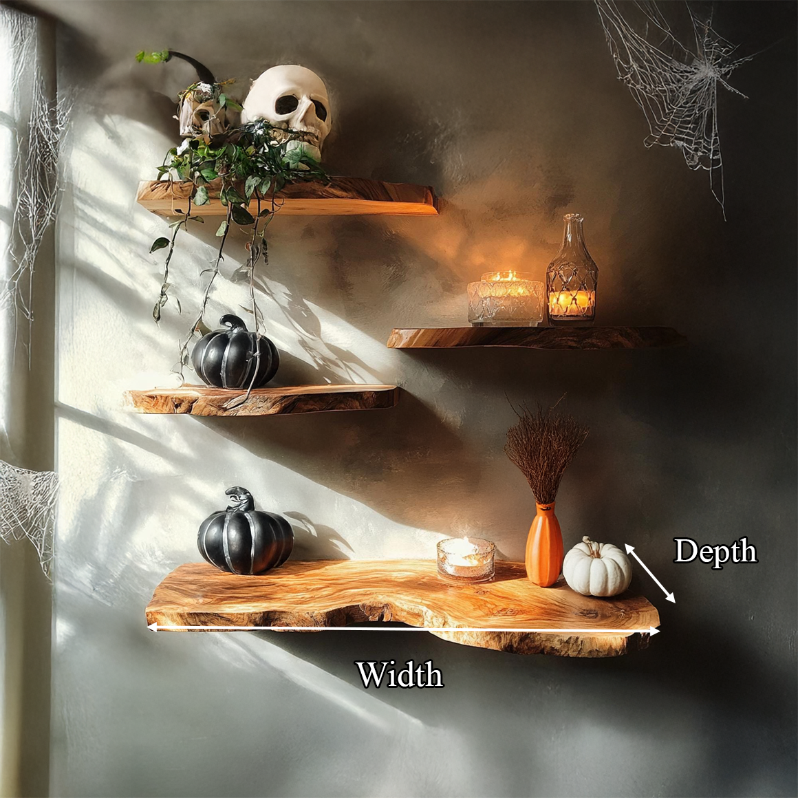 Rustic Floating Shelf, Wooden Tree Branch Wall Mounted Shelf, Spooky Gothic Halloween Wall Art Display Decor
