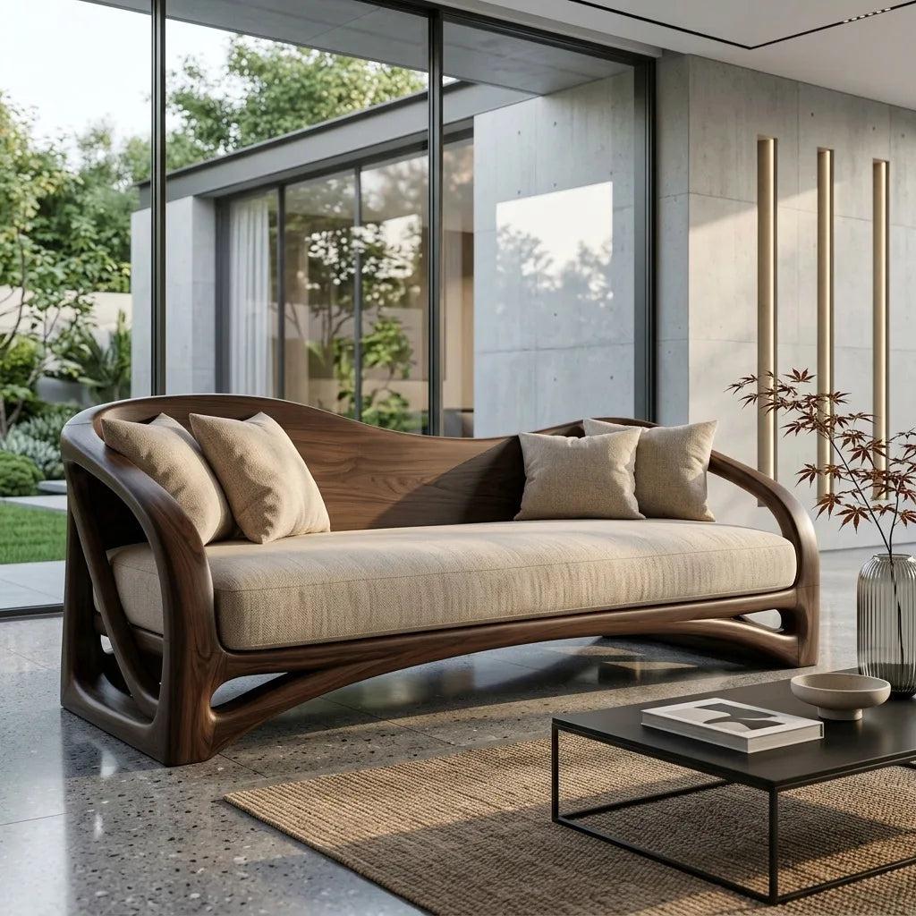 Organic Wooden Sofa With Sculptural Curved Frame For Living Room