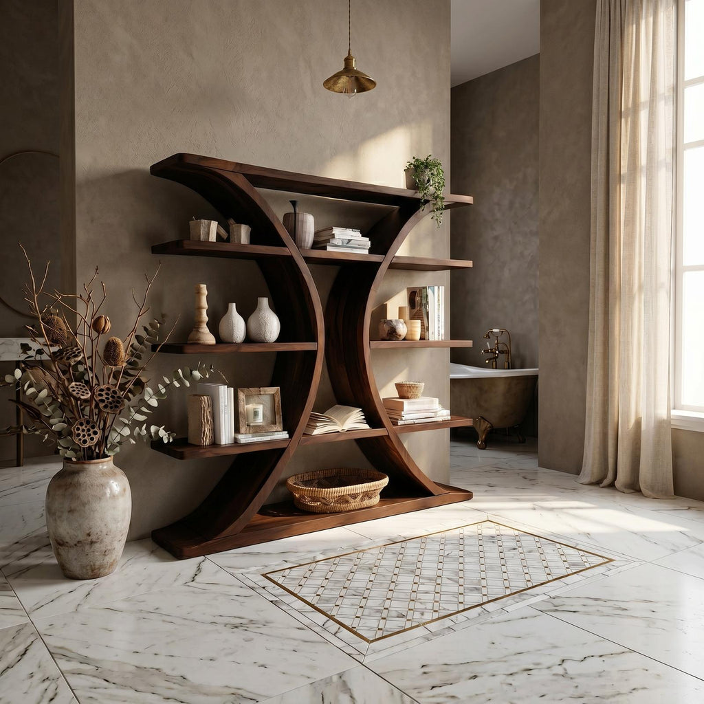 Luxury Organic Wooden Spa Shelf With Sculptural Curved Frame
