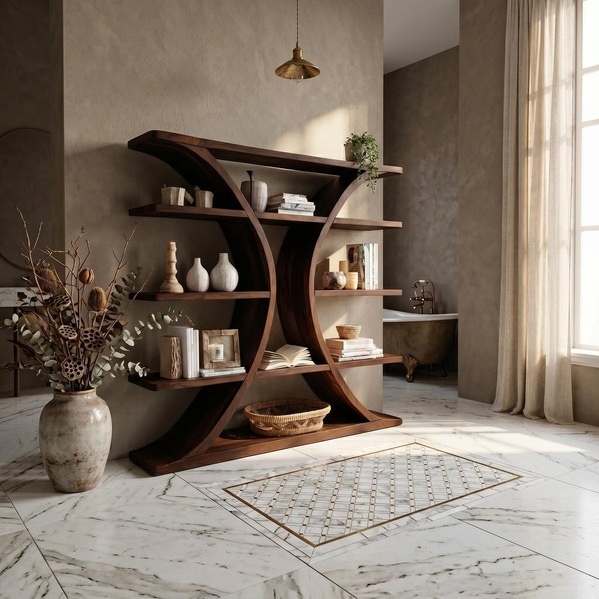 Luxury Organic Wooden Spa Shelf With Sculptural Curved Frame