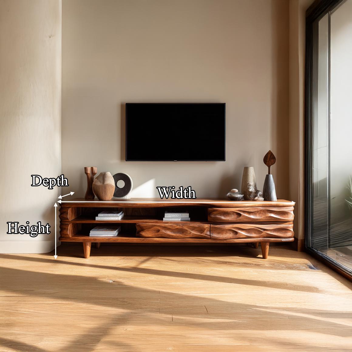 Mid-Century Sculpted Wooden TV Stand, Solid Hardwood Television Console Cabinet, Modern Living Room Entertainment Center