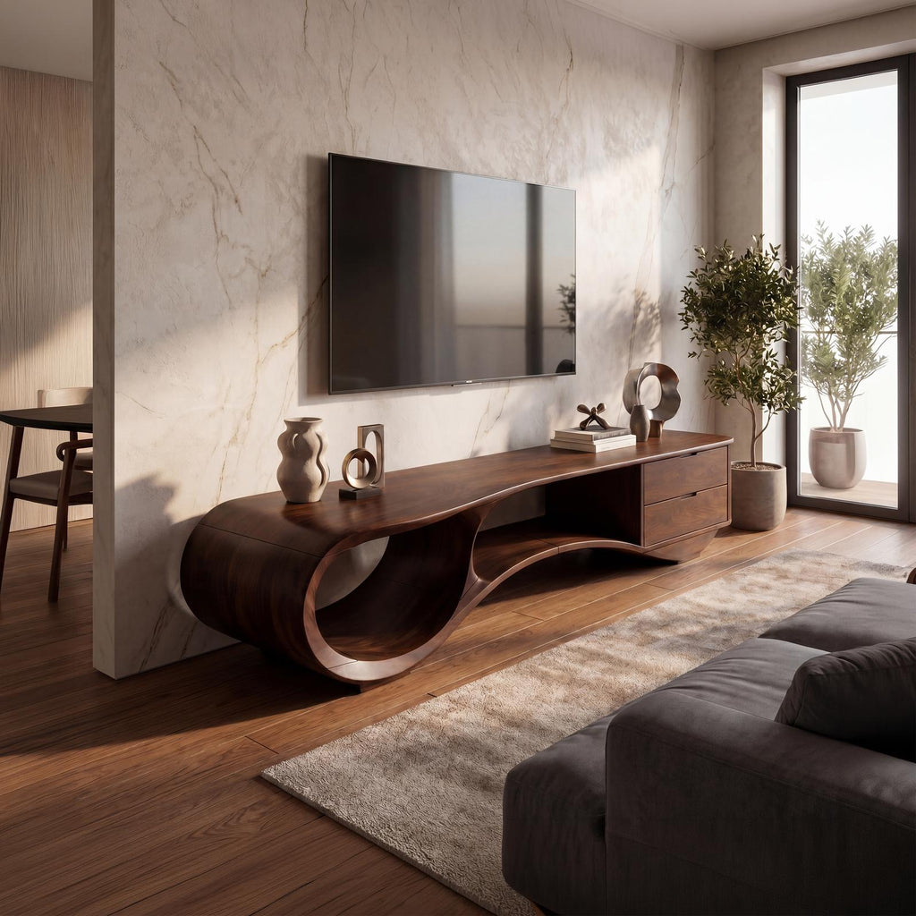 Mid-Century Streamline Wood TV Cabinet, Retro Entertainment Center Media Console for Lounge & Living Room