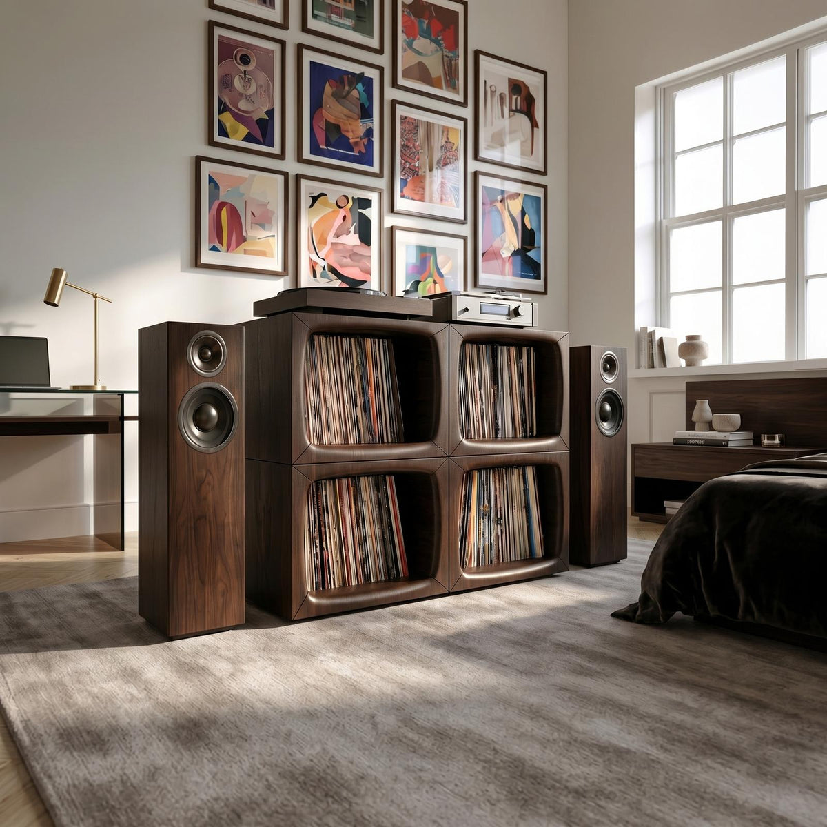 Modern Wooden Cube Record Storage Cabinet, Handcrafted Vinyl LP Storage Organizer with Turntable Stand, Model