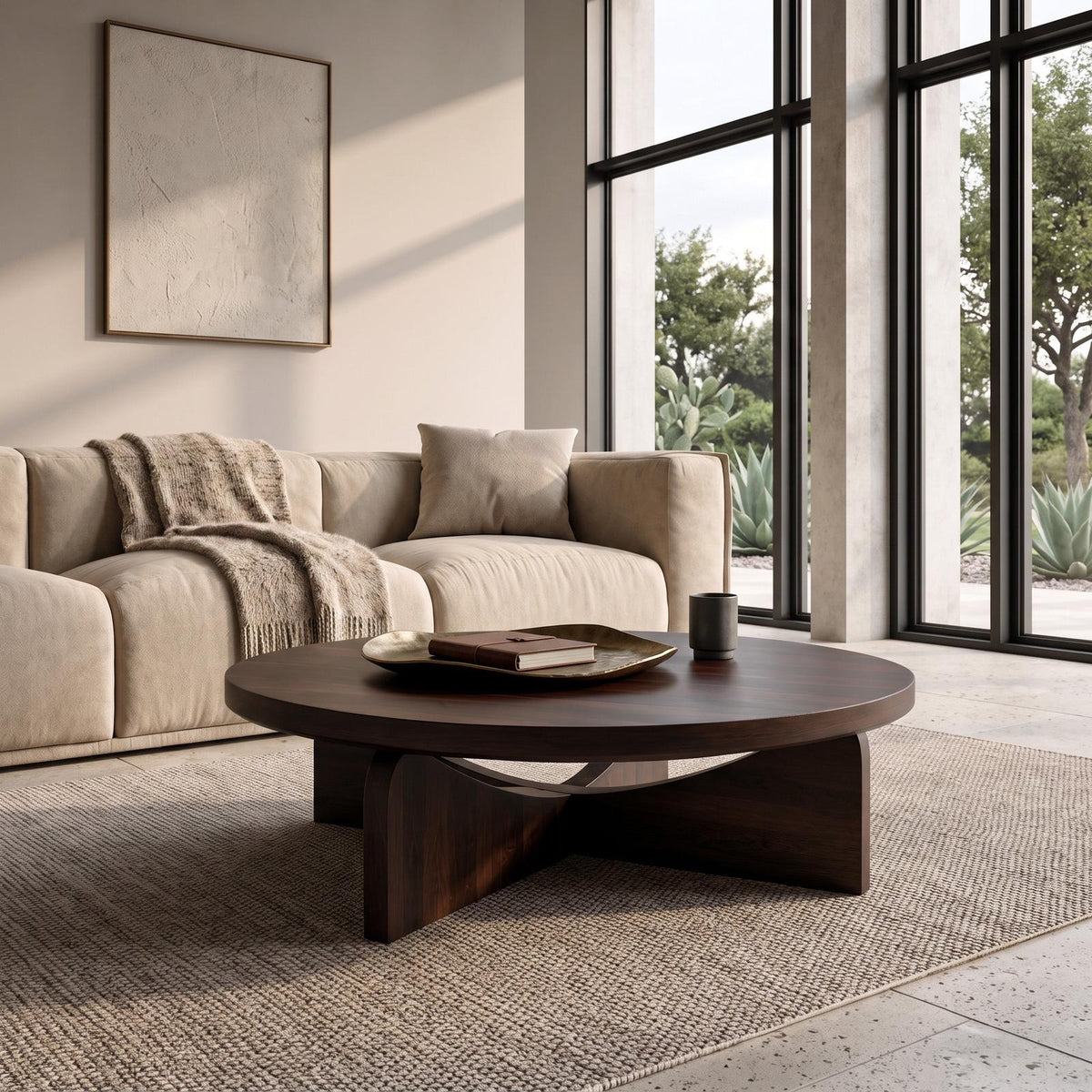Modern Round Wood Coffee Table with Unique Geometric Base, Contemporary Solid Wood Center Table, Model