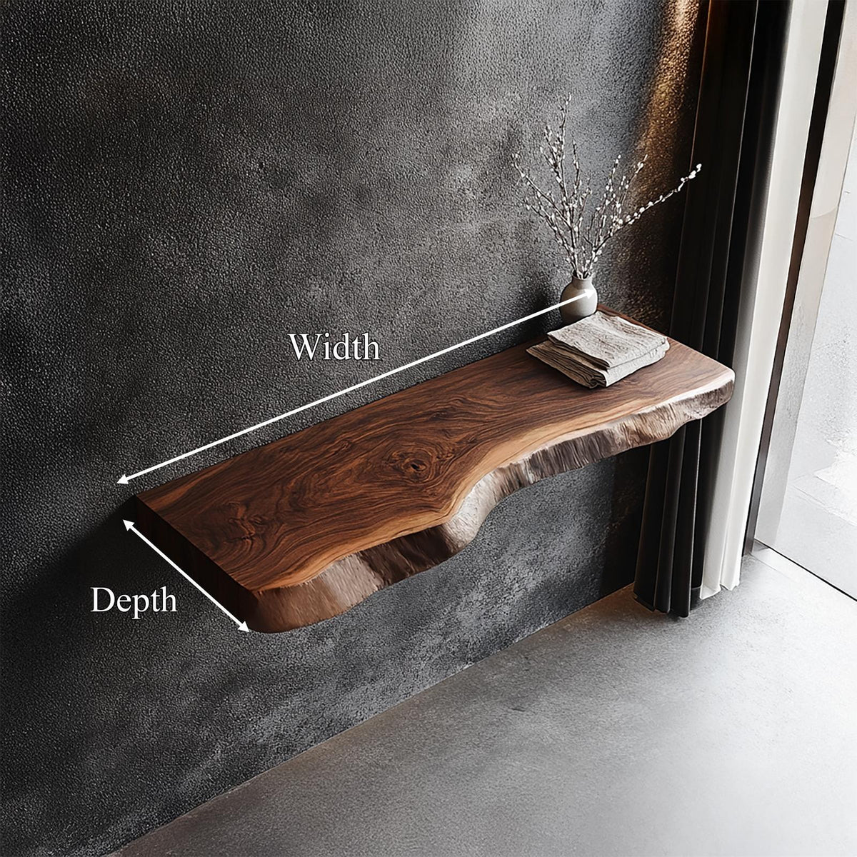 Rustic Live Edge Solid Wood Floating Shelf, Wall Mounted Hardwood Display Ledge for Living Room & Foyer Interior