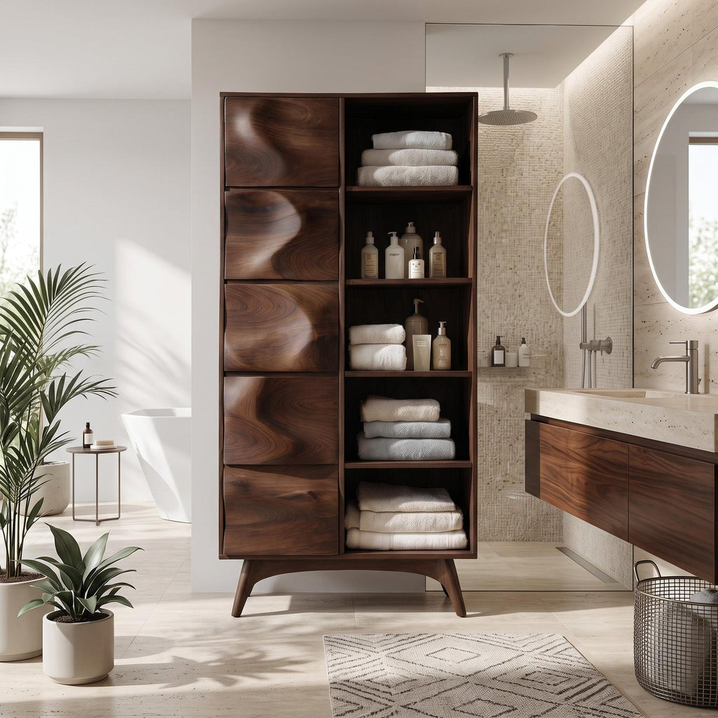 Sculpted Wood Bathroom Cabinet With Wavy Doors For Spa Decor