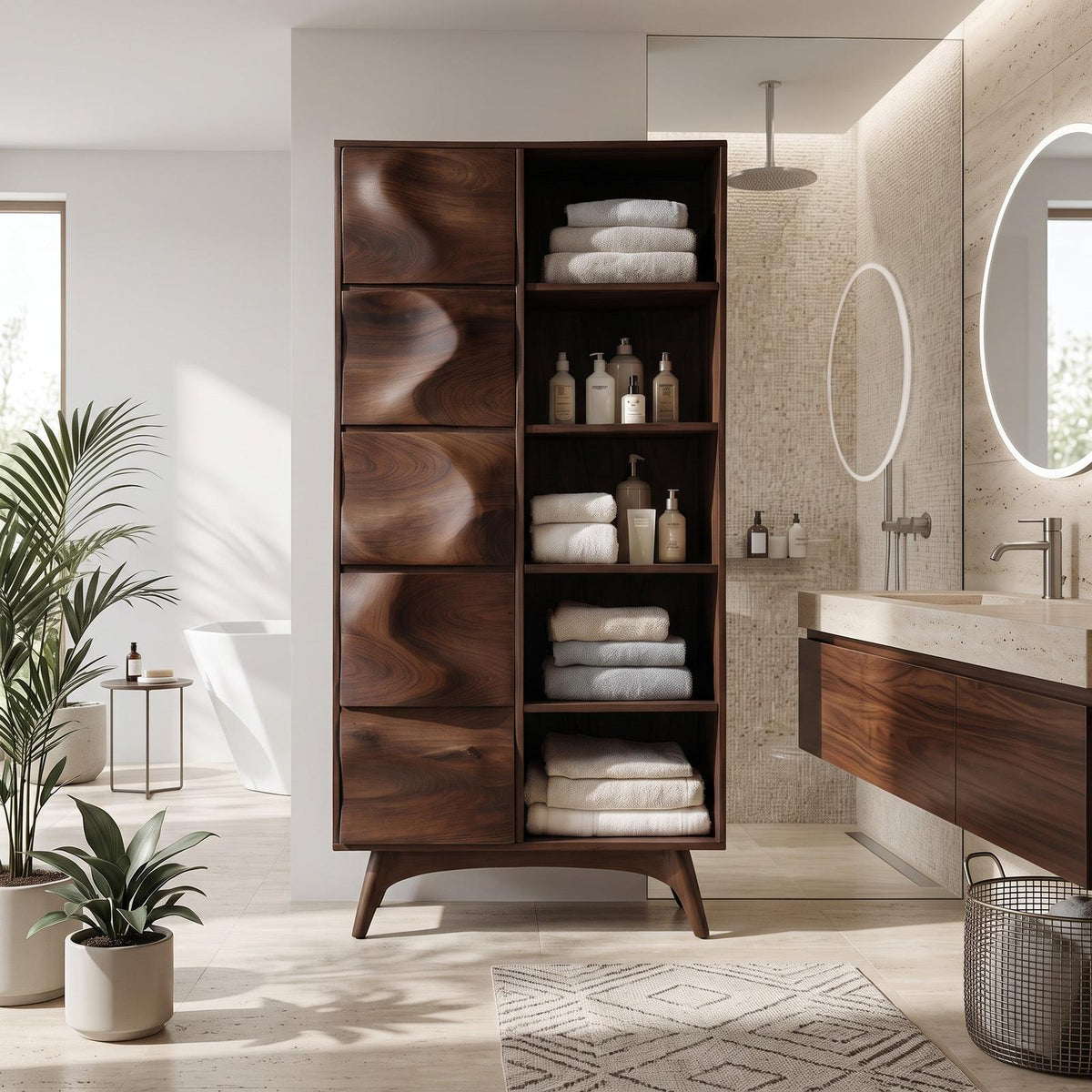 Sculpted Wood Bathroom Cabinet With Wavy Doors For Spa Decor