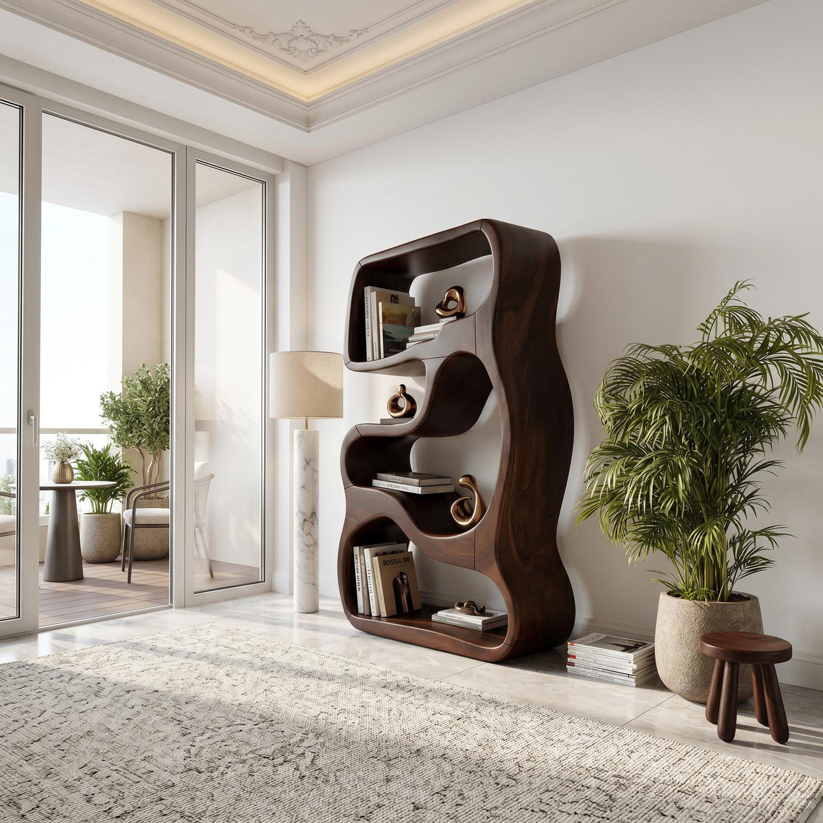 Minimalist Wooden Bookshelf Featuring Curved Side Panels