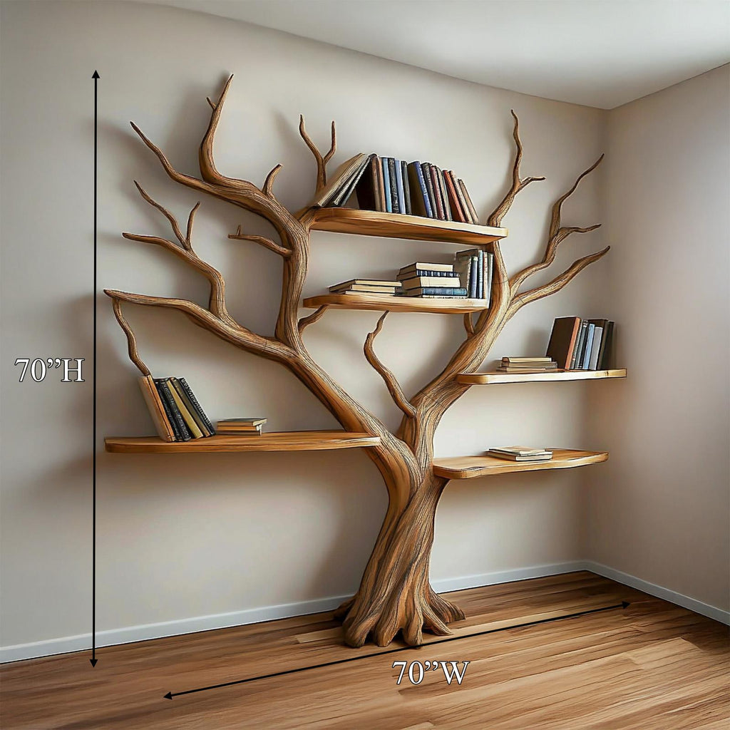 Rustic Sculptural Tree Bookshelf, Freestanding Wood Branch Display Bookcase for Living Room Statement Decor