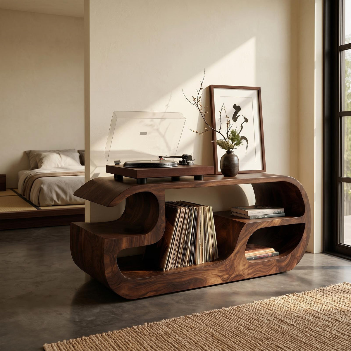 Minimalist Curved Wooden Record Player Stand, Handcrafted Small Space Vinyl LP Storage Cabinet, Model