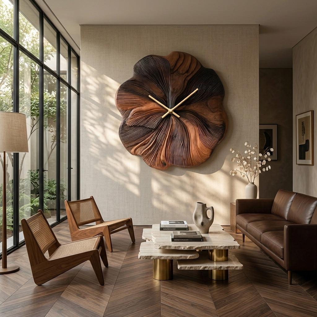 Contemporary Floral Wooden Wall Clock, Handcrafted Flower Shape Solid Wood Timepiece for Living Room