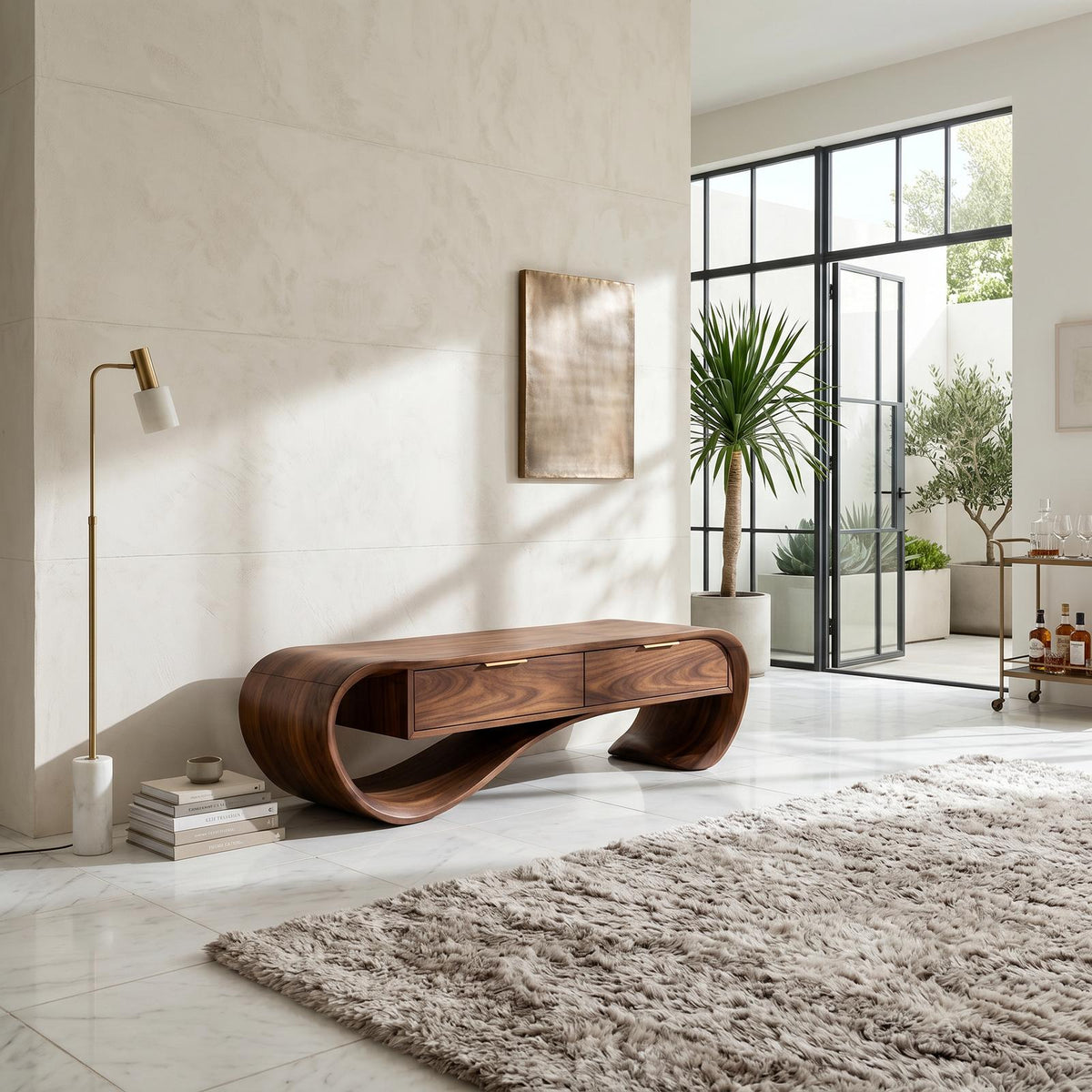Contemporary Curved Wood Bench with Drawer Storage, Entryway Organizer Bench & Foyer Accent Bench Seating