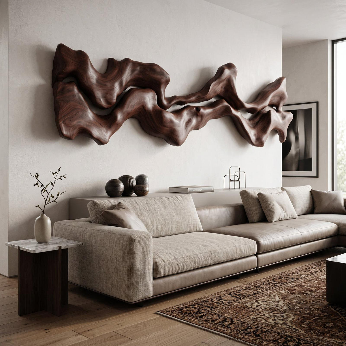 Abstract Hand-Carved Wall Art Sculpture, Modernist 3D Geometric Wooden Panel Decor for Bedroom Living Room
