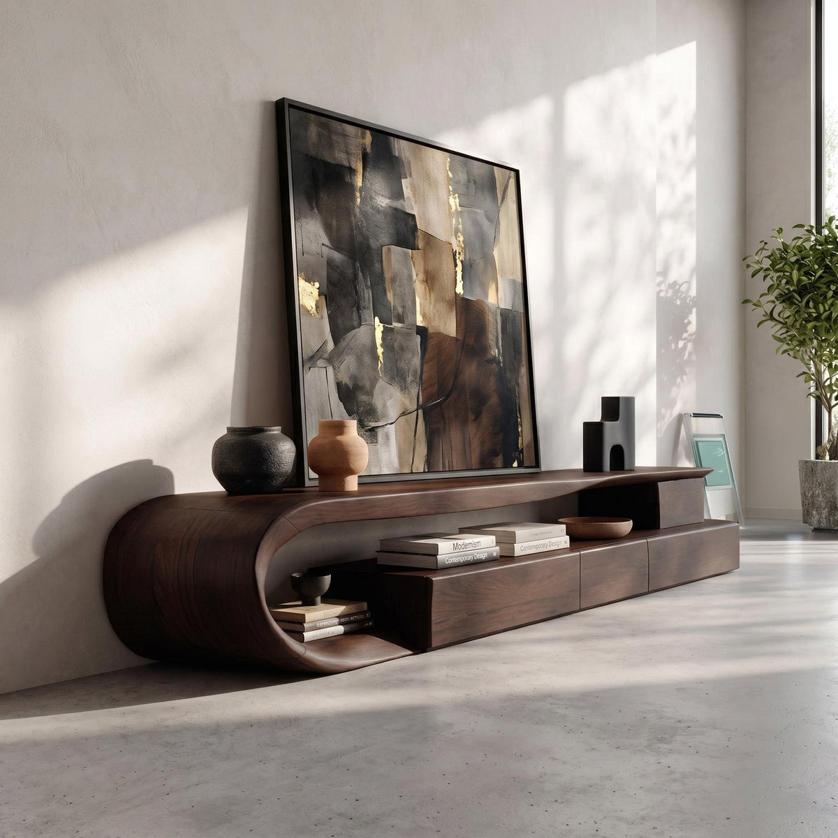 Modern Curved Wooden TV Console Cabinet, Handcrafted Solid Wood Media Storage Credenza with Drawer for Living Room