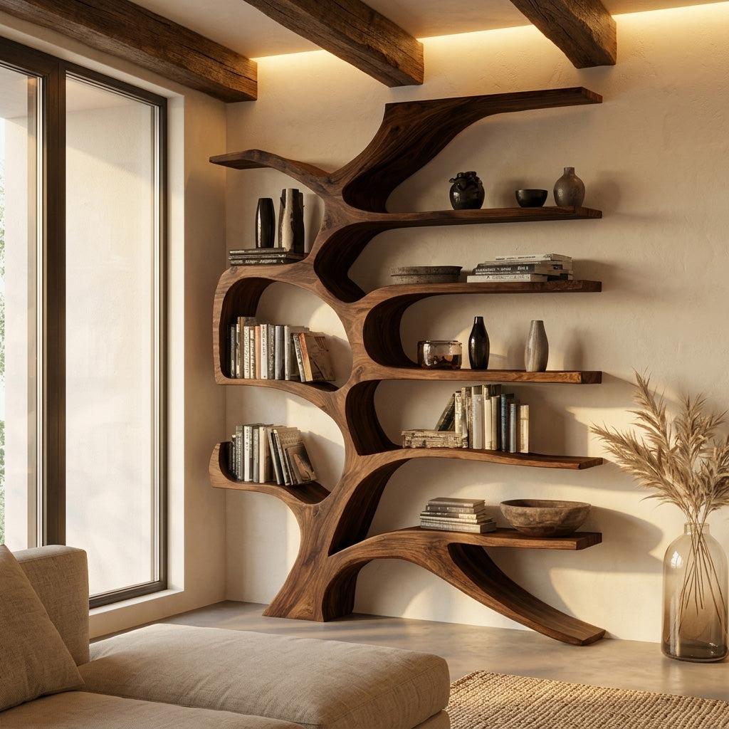 Contemporary Sculpted Wooden Bookshelf For Living Room Decor RTTHHNBS153