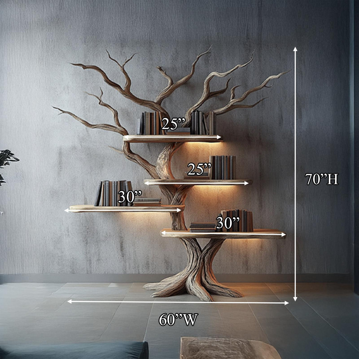 Rustic Branch Bookshelf, Solid Wood Wall Mounted Bookcase & Handcrafted Floating Display Organizer for Study Room Decor