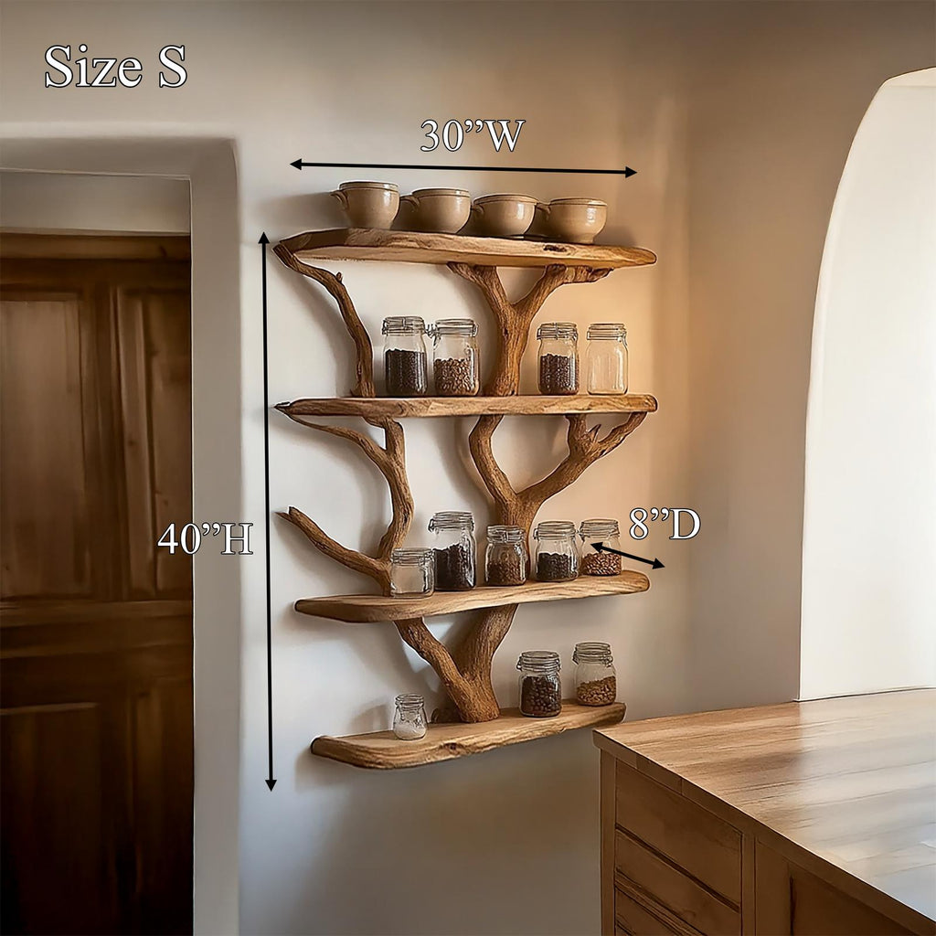 Rustic Organic Tree Kitchen Wall Shelf, Solid Wood Floating Branch Storage Display Organizer for Home Pantry