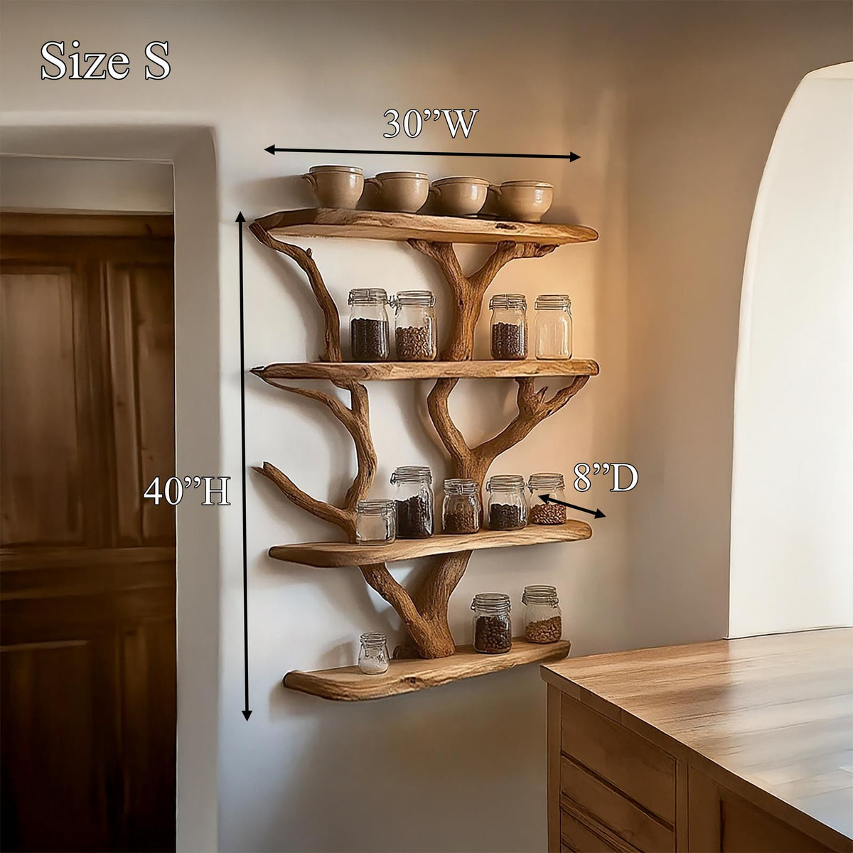 Rustic Organic Tree Kitchen Wall Shelf, Solid Wood Floating Branch Storage Display Organizer for Home Pantry