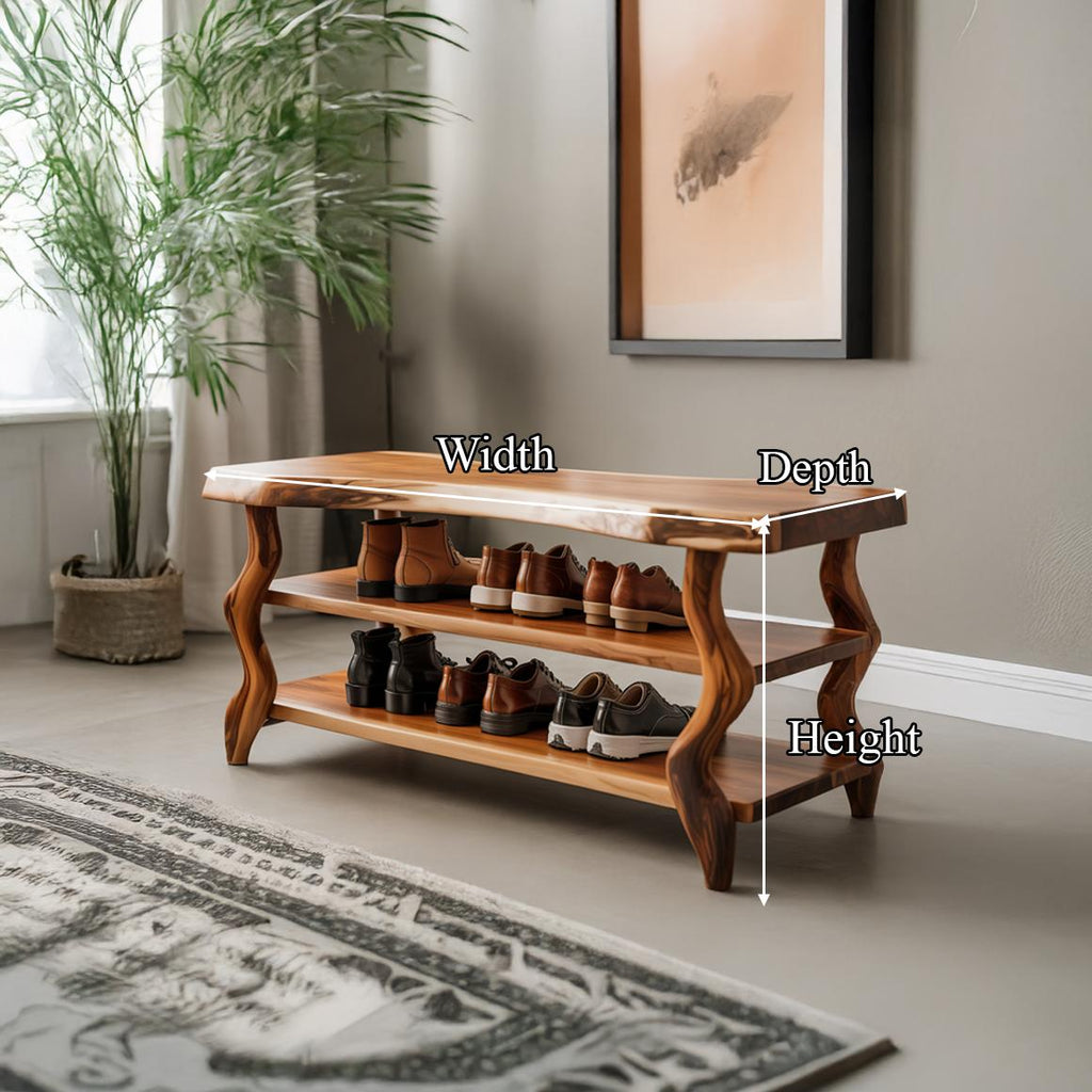 Artisan Rustic Shoe Storage Bench, Handcrafted Solid Wood Entryway Accent Bench with Storage for Living Room