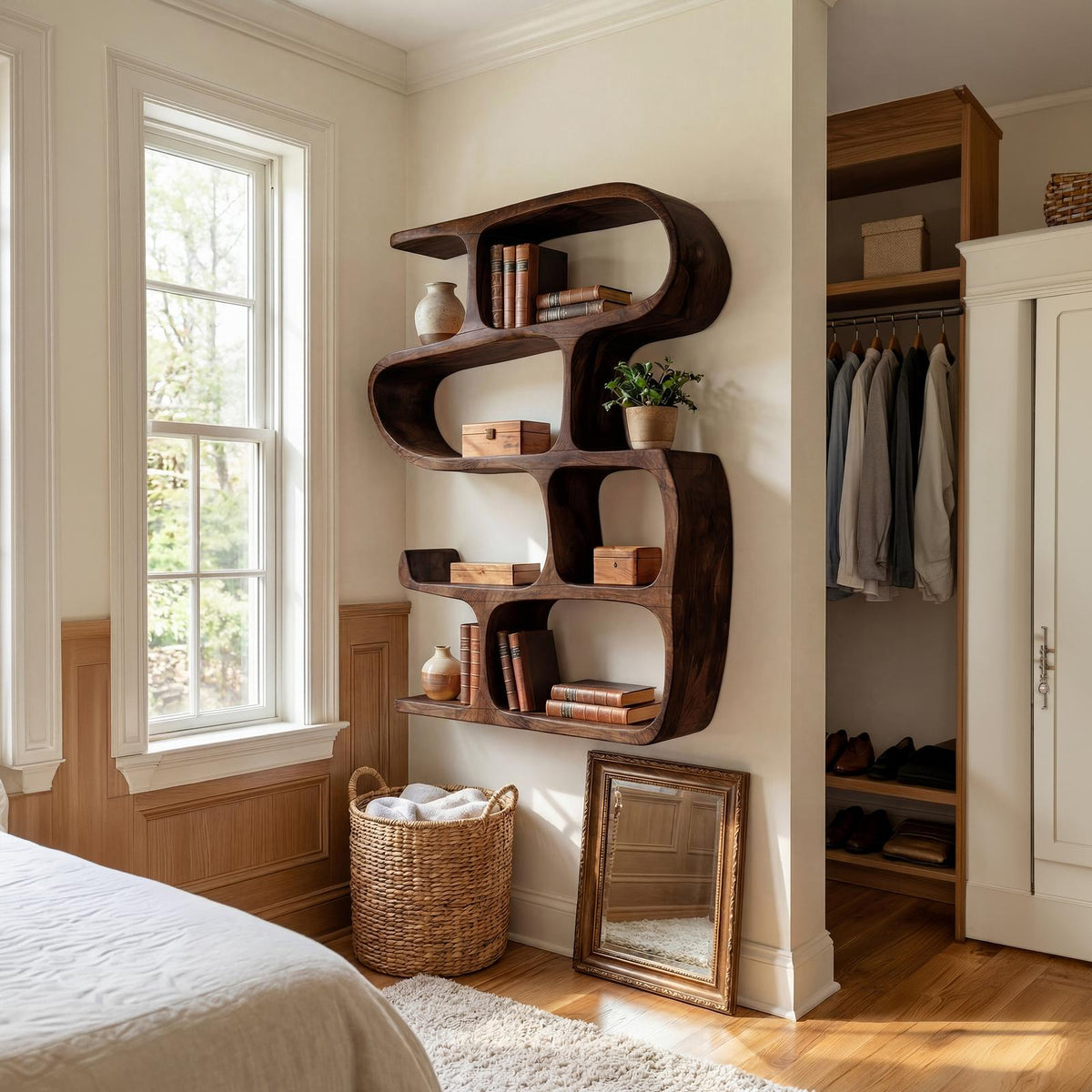 Modern Curved Bookshelf, Stylish Wooden Bookcase & Console Storage Shelf for Hallway & Entryway