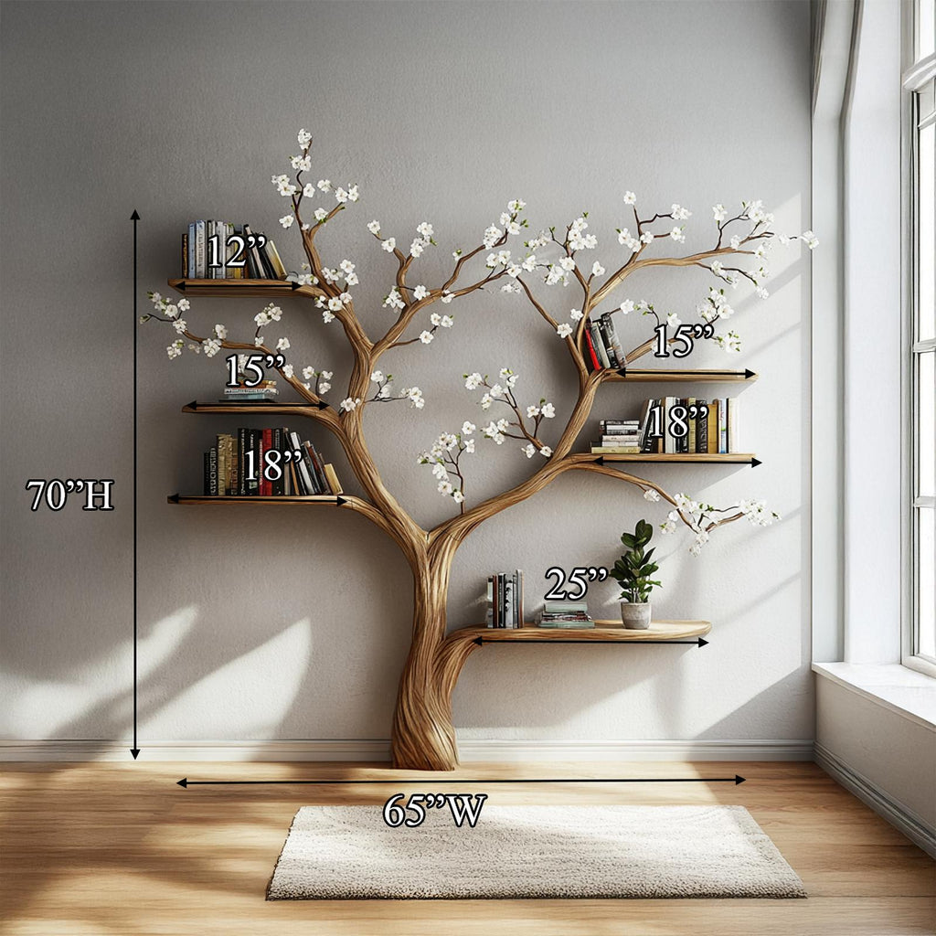 Rustic Flowering Tree Wood Bookshelf, Handcrafted Branch Bookcase Organizer & Decorative Shelf for Living Room