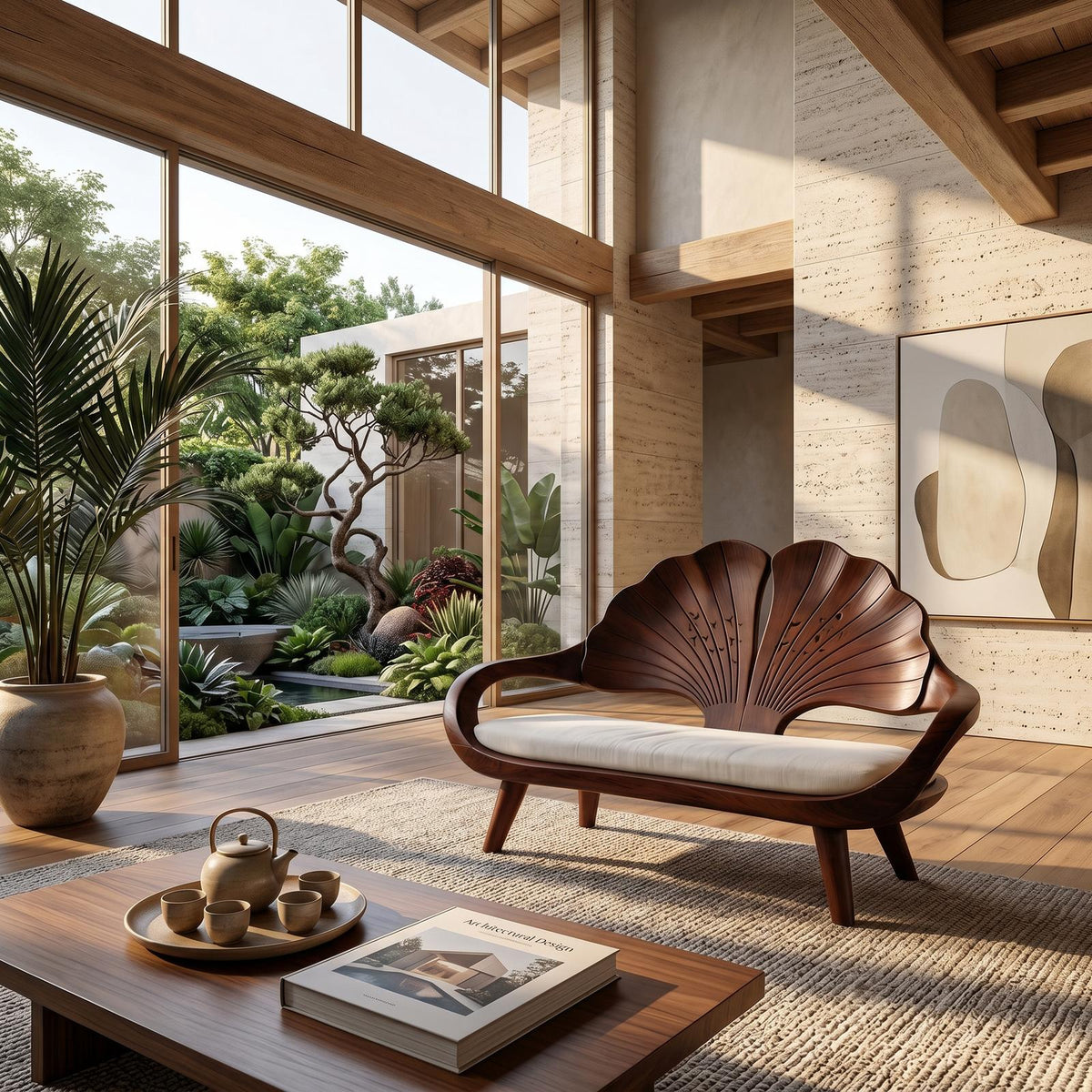 Minimalist Ginkgo Leaf Backrest Bench, Solid Wood Reading Nook Accent Seating & Bedroom Lounge Bench, Natural