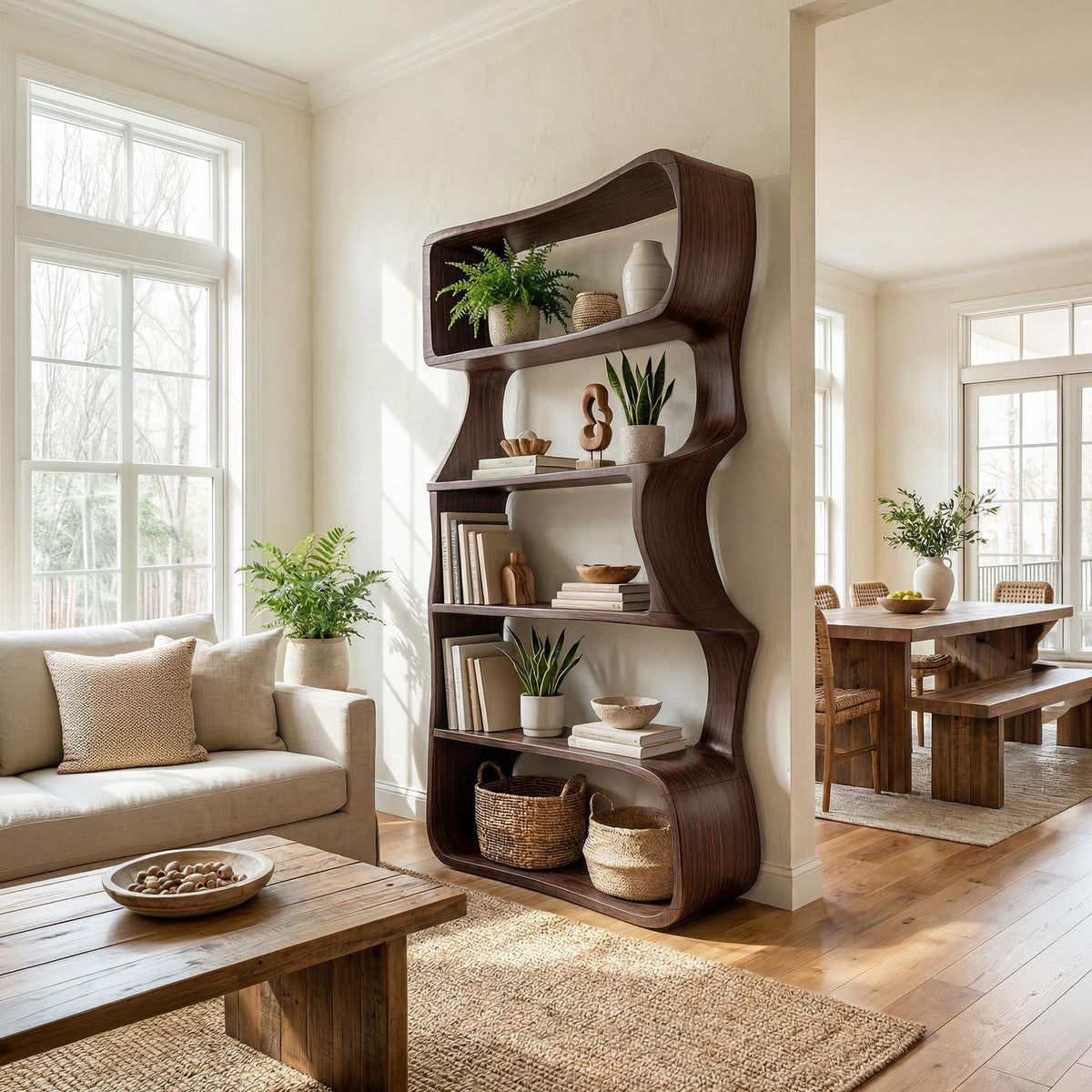 Organic Wooden Bookshelf, Handcrafted Solid Wood Display Rack & Geometric Bookcase for Living Room & Home Office
