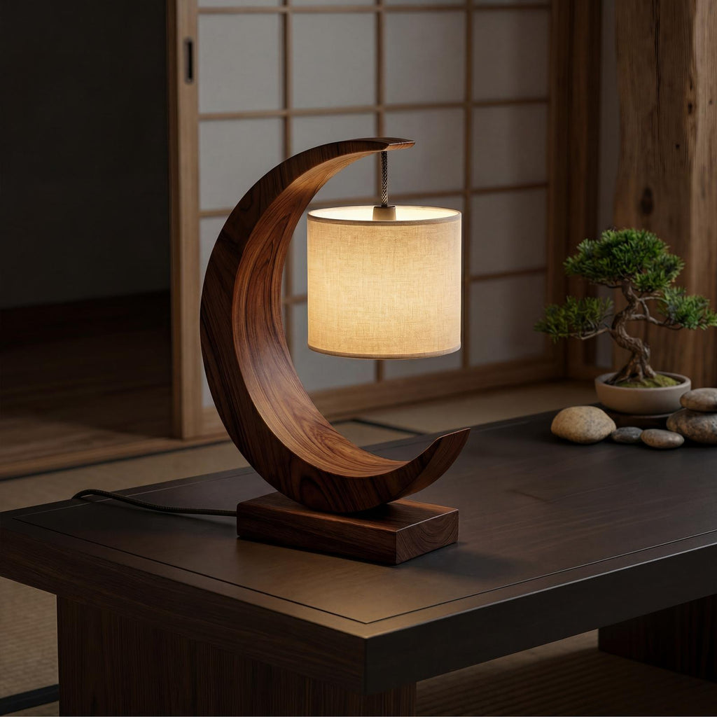 Minimalist Sculptural Table Lamp, Modern Wood Bedside Nightstand Light for Bedroom Reading Nook