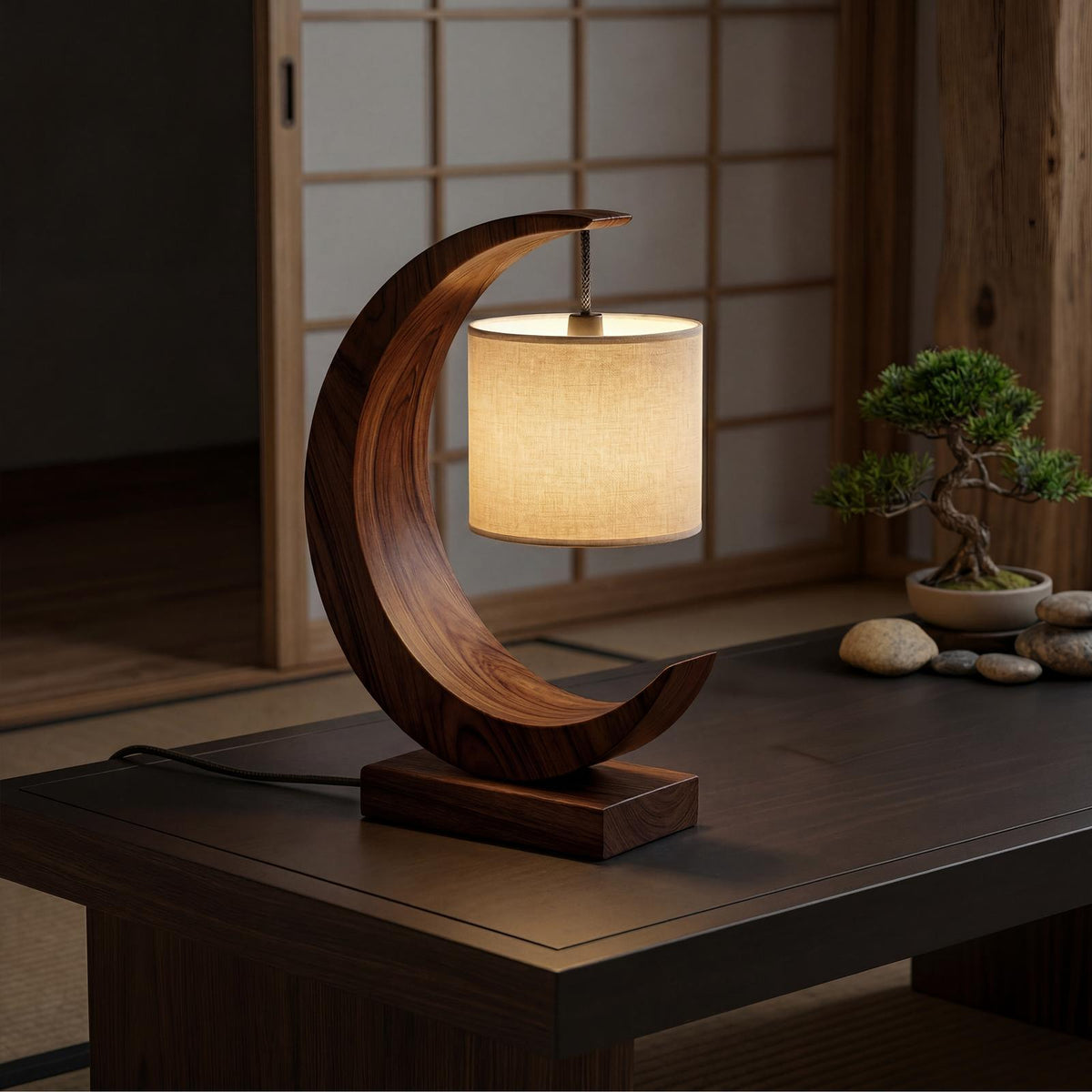 Minimalist Sculptural Table Lamp, Modern Wood Bedside Nightstand Light for Bedroom Reading Nook