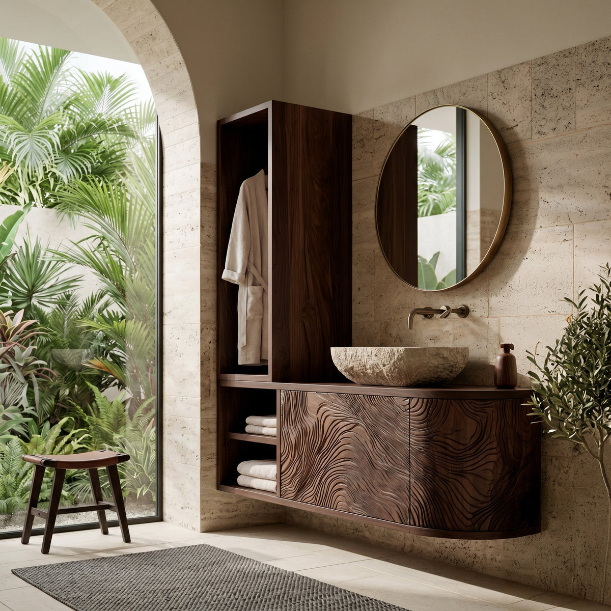 Organic Carved Bathroom Vanity With Linen Tower Side For Bathroom