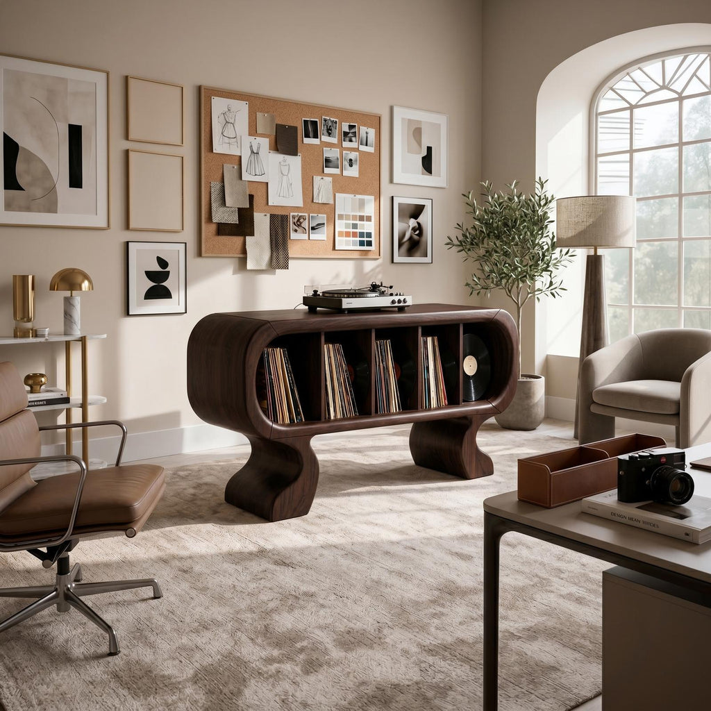 Contemporary Curved Wooden Record Player Stand, Handcrafted Modern Turntable Desk and Vinyl Storage Cabinet, Model