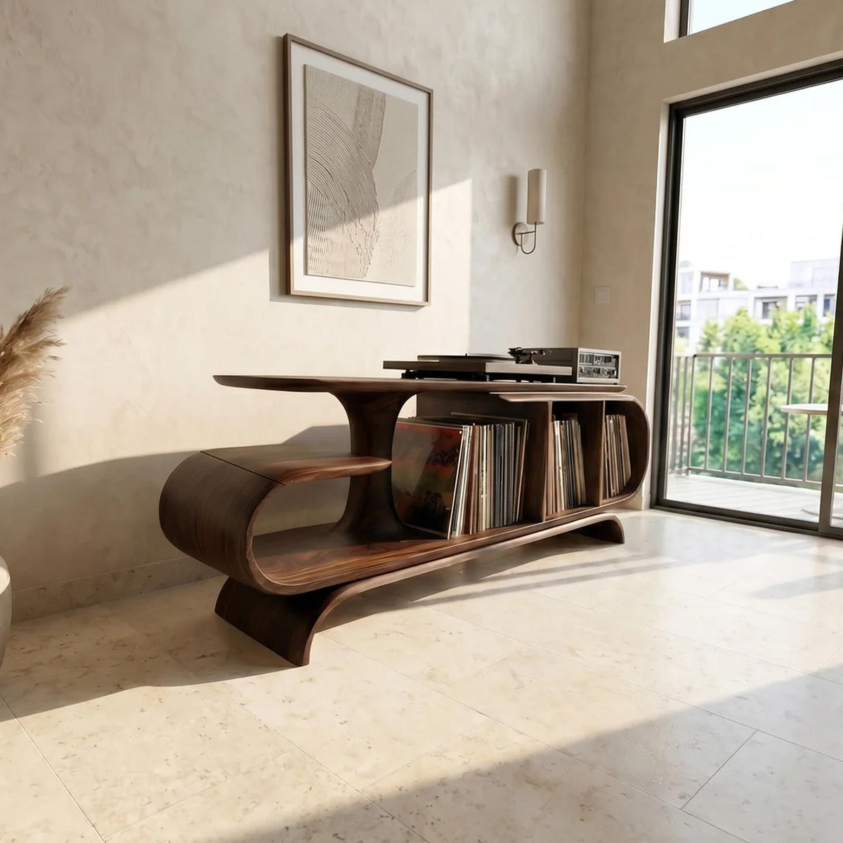 Organic Wave Wood Vinyl Record Cabinet, Handcrafted Modern Turntable Stand Storage Shelf for Living Room, Model