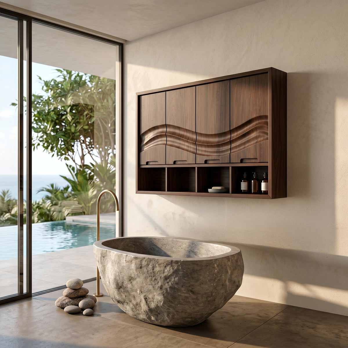 Spry Interior Coastal Wood Wave Front Bathroom Cabinet, Beach House Vanity & Restroom Storage Credenza, SILDTTRBRC007