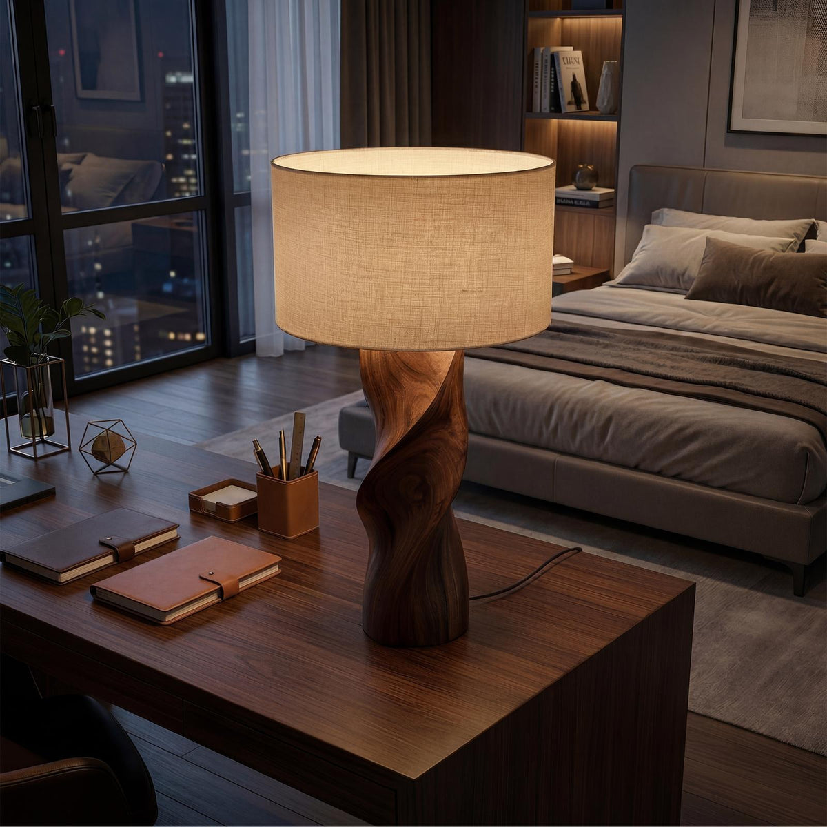 Modern Accent Table Lamp, Contemporary Wood Nightstand Bedside Light for Living Room & Bedroom