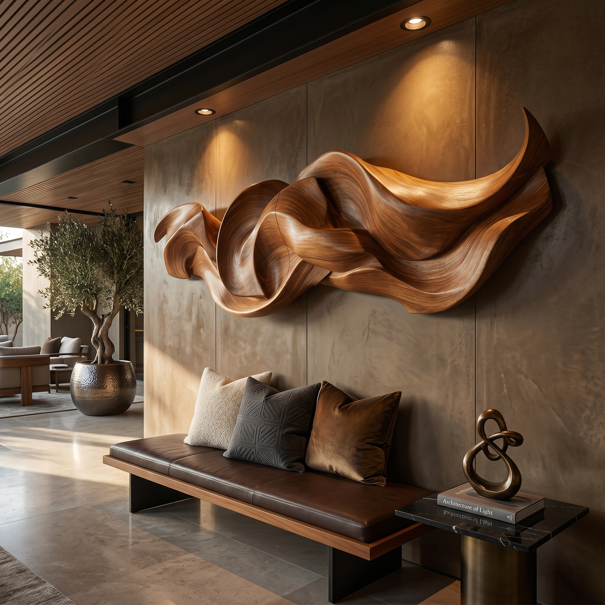 Contemporary Organic Ribbon Wood Wall Art, Handcrafted 3D Flowing Wave Sculpture Panel for Dining Room