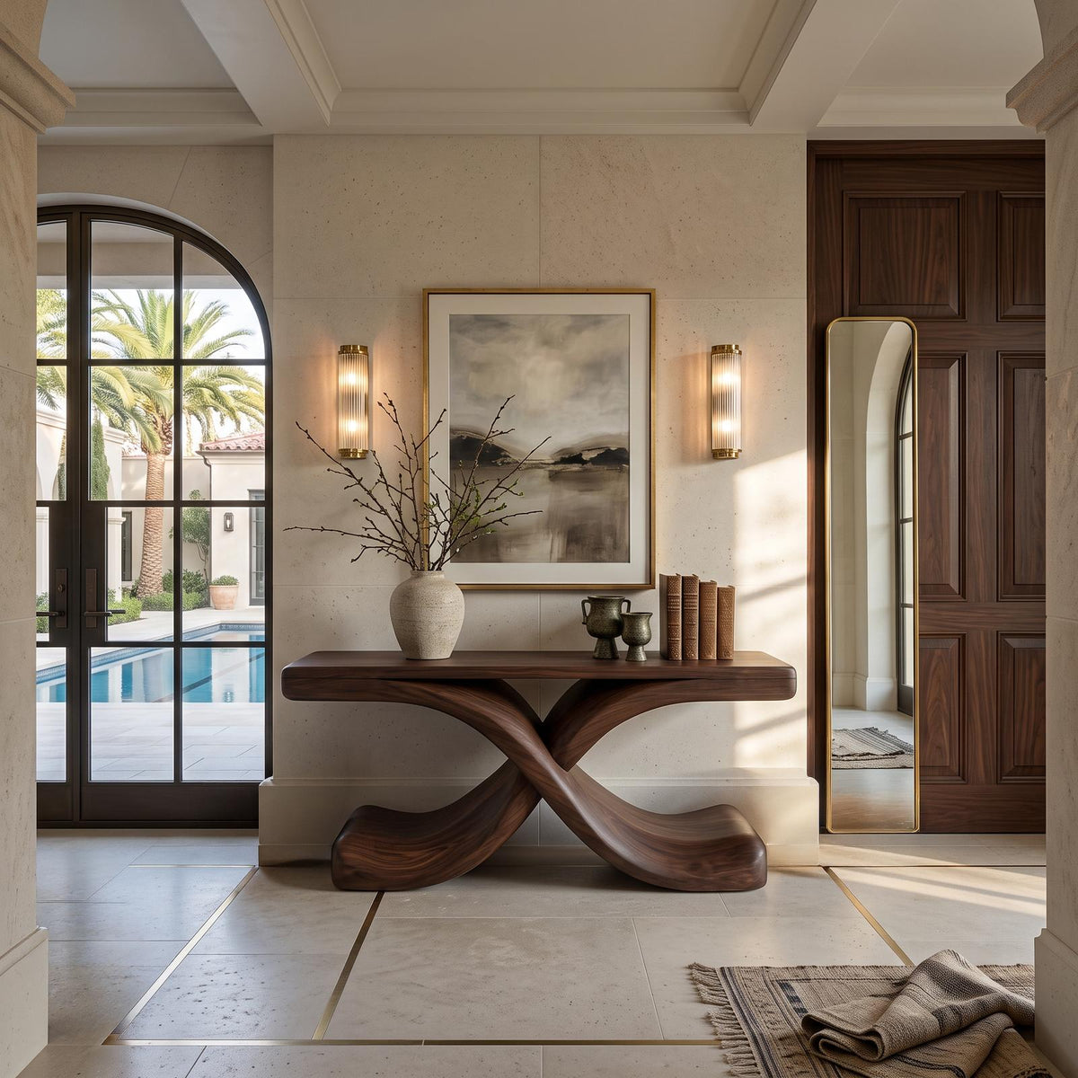 Modern Sculptural Console Table with Twisted Base, Handcrafted Wood Entryway Table for Foyer & Living Room, Model
