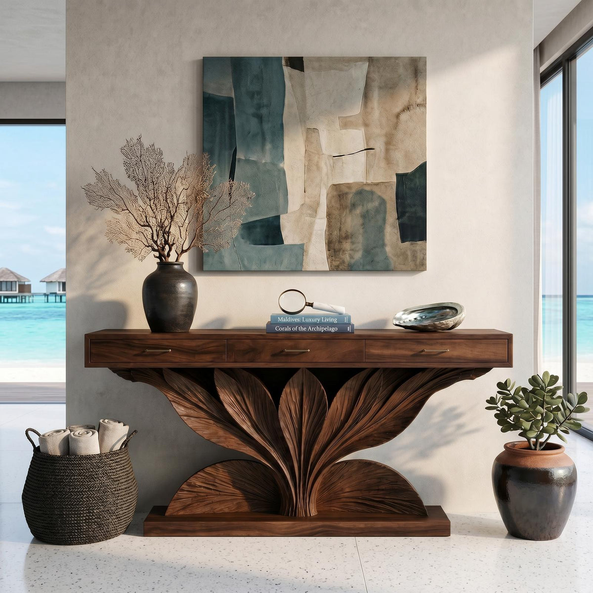 Coastal Leaf Base Console Table Luxury Entryway