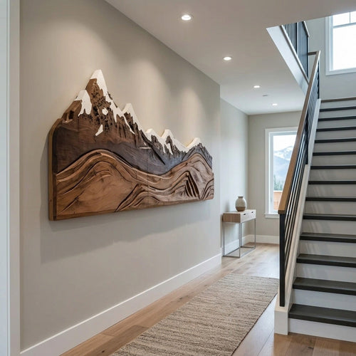 3D Mountain Wall Art Carving, Rustic Nature Inspired Wooden Wall Sculpture Panel for Living Room & Cabin