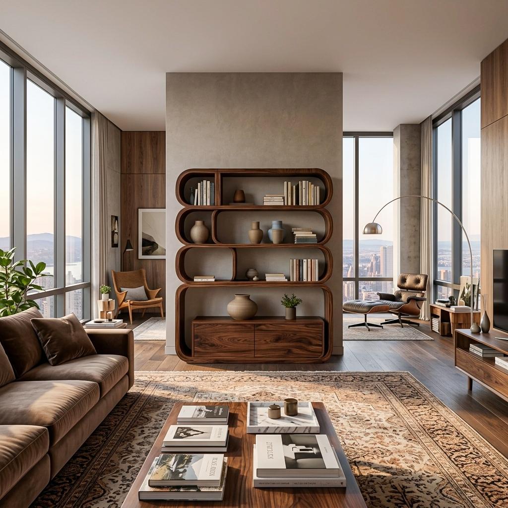 Modern Natural Wood Bookshelf with Curved Structure, Handcrafted Solid Wood Bookcase for Living Room & Office