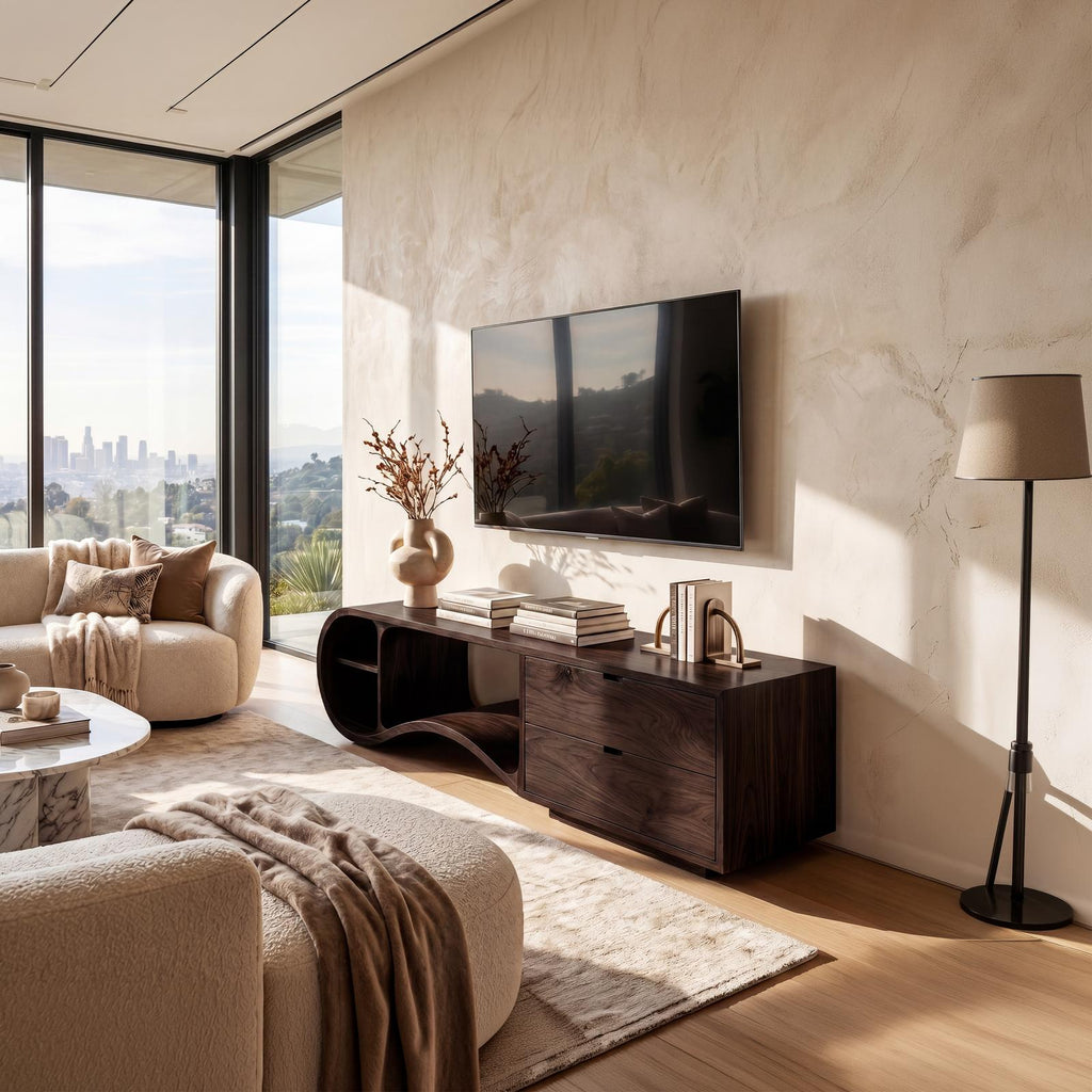 Contemporary Organic TV Cabinet, Handcrafted Wavy Edge Solid Wood Media Sideboard Console & Entertainment Board Stand